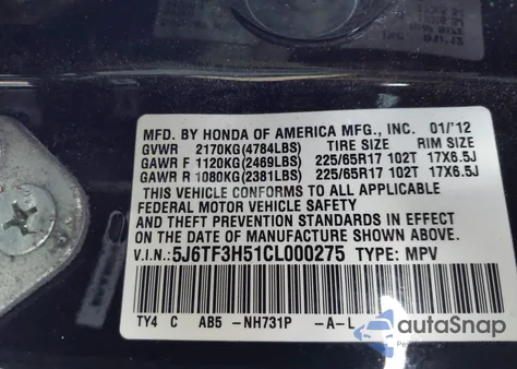 2012 Honda Crosstour 2.4 Ex-L из США, поврежденный, VIN 005J6TF3H51CL0002